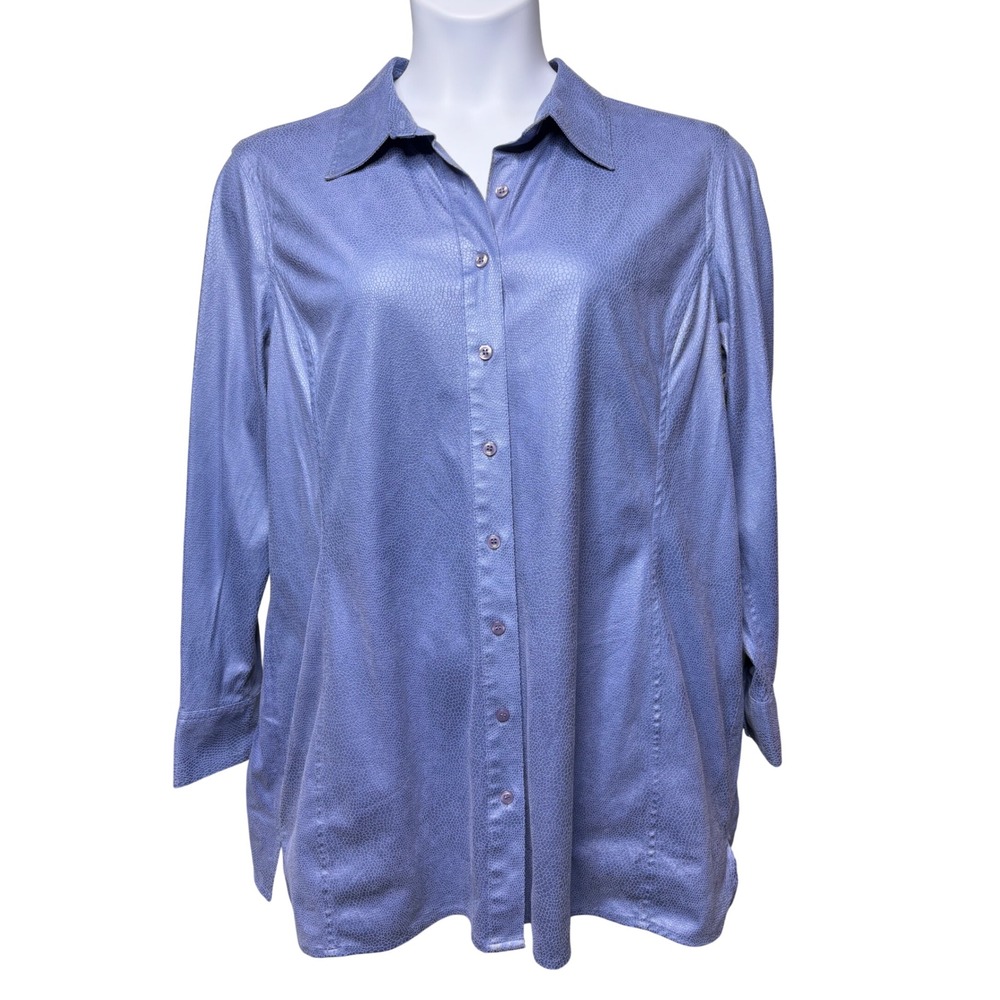 CHICO'S Womens Blue Faux Snakeskin Button Down Shirt Sz 3/XL Office Shacket Chic